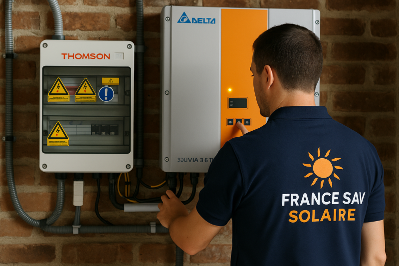 un technicien de FRANCE SAV SOLAIRE en tain de contôler un onduleur DELTA SOLIVIA à LANGON depoartement de la GIRONDE Près de BORDEAUX 