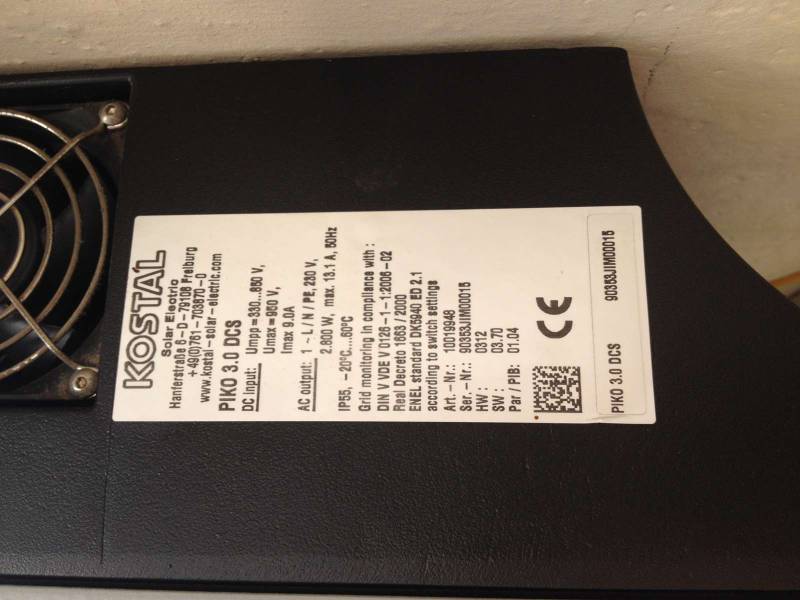 plaque signalétique de l'ondulru KOSTAL PIKO 3.0 remis en production par FRANCE SAV SOLAIRE près de ORAISON